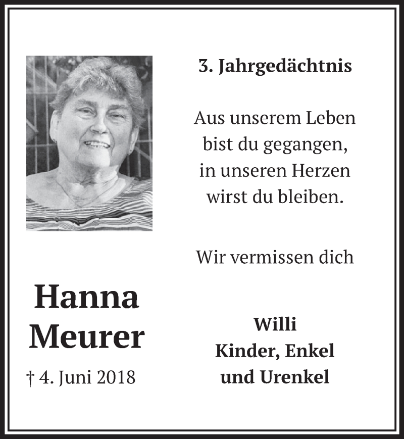  Traueranzeige für Hanna Meurer vom 04.06.2021 aus  Werbepost 