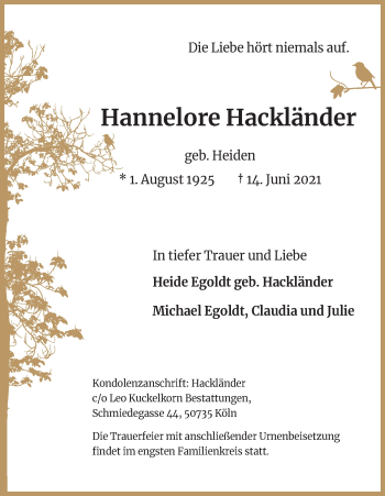 Anzeige von Hannelore Hackländer von Kölner Stadt-Anzeiger / Kölnische Rundschau / Express