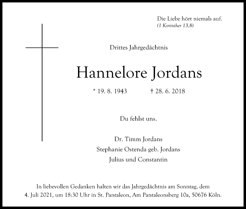  Traueranzeige für Hannelore Jordans vom 26.06.2021 aus Kölner Stadt-Anzeiger / Kölnische Rundschau / Express
