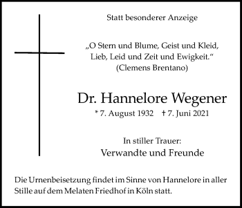 Anzeige von Hannelore Wegener von Kölner Stadt-Anzeiger / Kölnische Rundschau / Express