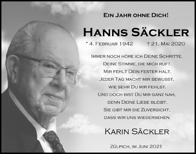  Traueranzeige für Hanns Säckler vom 05.06.2021 aus  Blickpunkt Euskirchen 