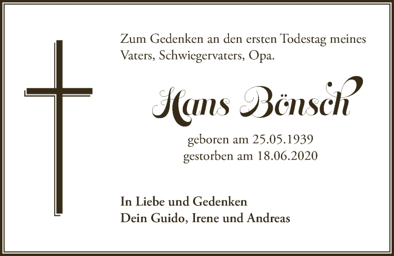  Traueranzeige für Hans Bönsch vom 19.06.2021 aus  Blickpunkt Euskirchen 