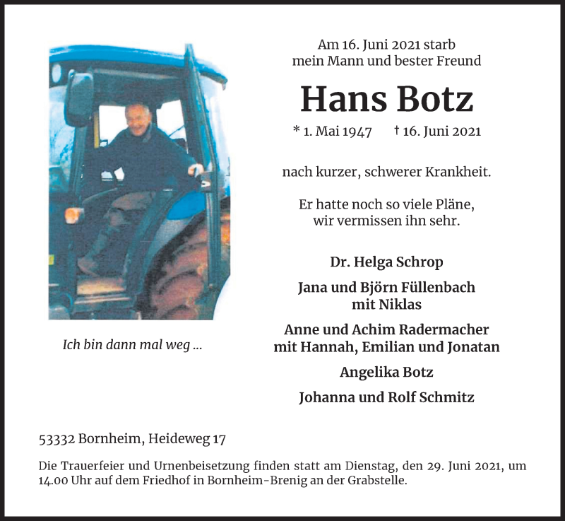  Traueranzeige für Hans Botz vom 23.06.2021 aus Kölner Stadt-Anzeiger / Kölnische Rundschau / Express