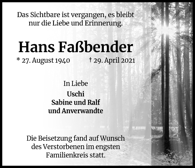  Traueranzeige für Hans Faßbender vom 09.06.2021 aus Kölner Stadt-Anzeiger / Kölnische Rundschau / Express