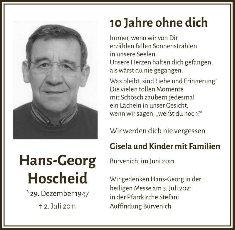  Traueranzeige für Hans-Georg Hoscheid vom 26.06.2021 aus  Blickpunkt Euskirchen 