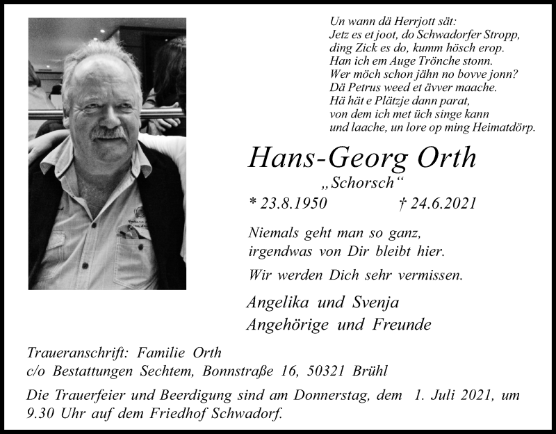  Traueranzeige für Hans-Georg Orth vom 28.06.2021 aus Kölner Stadt-Anzeiger / Kölnische Rundschau / Express