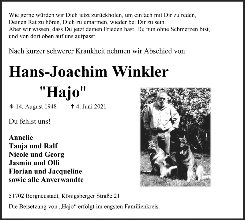  Traueranzeige für Hans-Joachim Winkler vom 11.06.2021 aus  Anzeigen Echo 