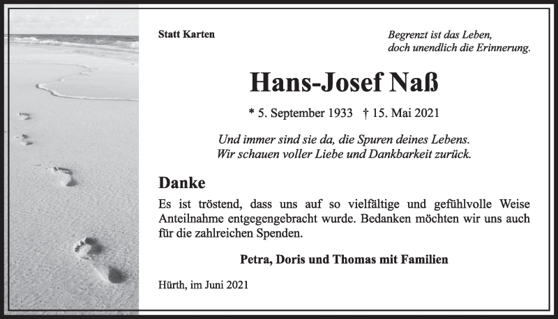 Traueranzeige für Hans-Josef Naß vom 18.06.2021 aus  Wochenende 