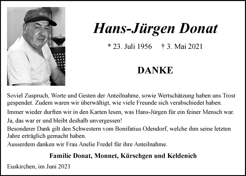  Traueranzeige für Hans-Jürgen Donat vom 12.06.2021 aus  Blickpunkt Euskirchen 