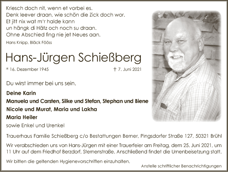  Traueranzeige für Hans-Jürgen Schießberg vom 18.06.2021 aus  Schlossbote/Werbekurier 