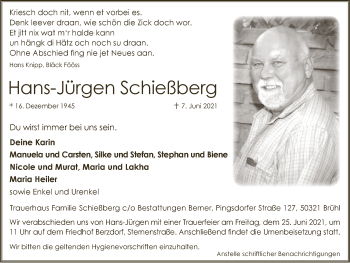 Anzeige von Hans-Jürgen Schießberg von  Schlossbote/Werbekurier 