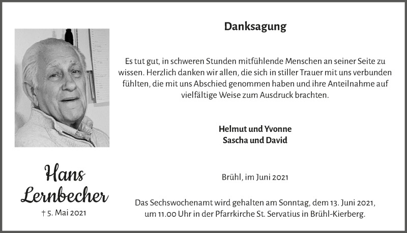  Traueranzeige für Hans Lernbecher vom 11.06.2021 aus  Schlossbote/Werbekurier 