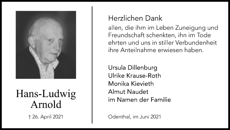  Traueranzeige für Hans-Ludwig Arnold vom 12.06.2021 aus Kölner Stadt-Anzeiger / Kölnische Rundschau / Express