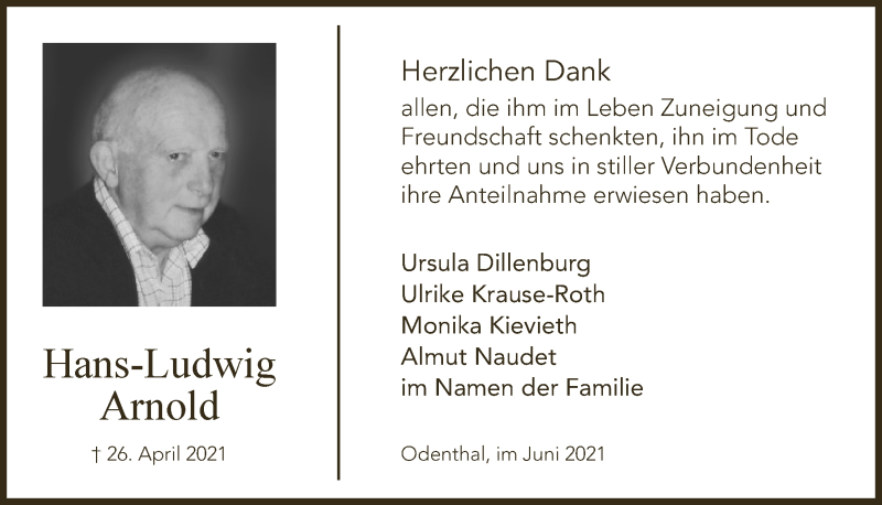  Traueranzeige für Hans-Ludwig Arnold vom 11.06.2021 aus  Bergisches Handelsblatt 