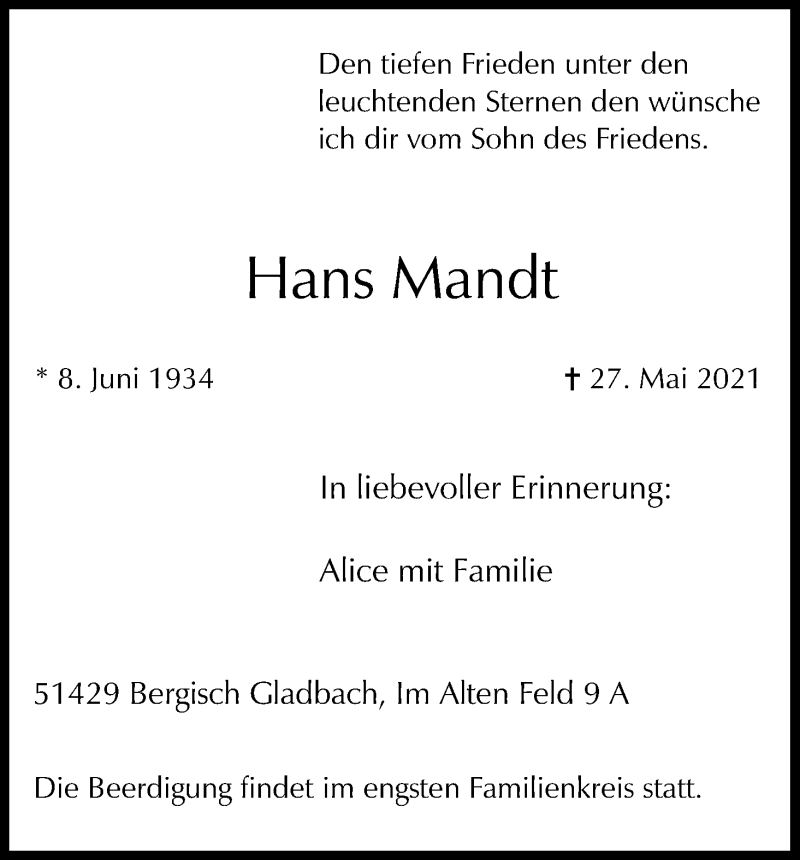  Traueranzeige für Hans Mandt vom 05.06.2021 aus Kölner Stadt-Anzeiger / Kölnische Rundschau / Express