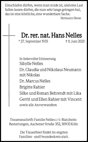 Anzeige von Hans Nelles von Kölner Stadt-Anzeiger / Kölnische Rundschau / Express