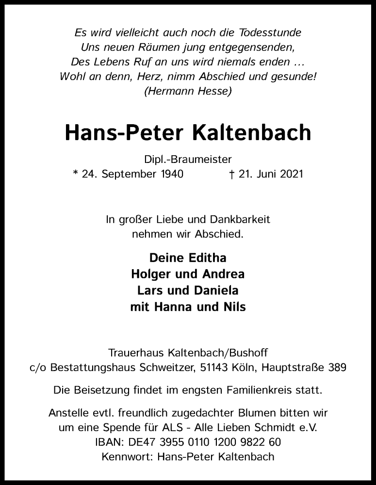  Traueranzeige für Hans-Peter Kaltenbach vom 26.06.2021 aus Kölner Stadt-Anzeiger / Kölnische Rundschau / Express