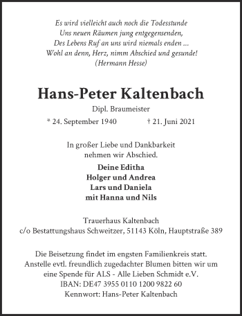 Anzeige von Hans-Peter Kaltenbach von  Kölner Wochenspiegel 