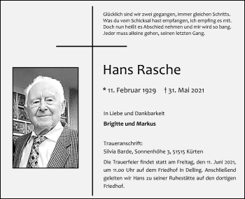 Anzeige von Hans Rasche von Kölner Stadt-Anzeiger / Kölnische Rundschau / Express