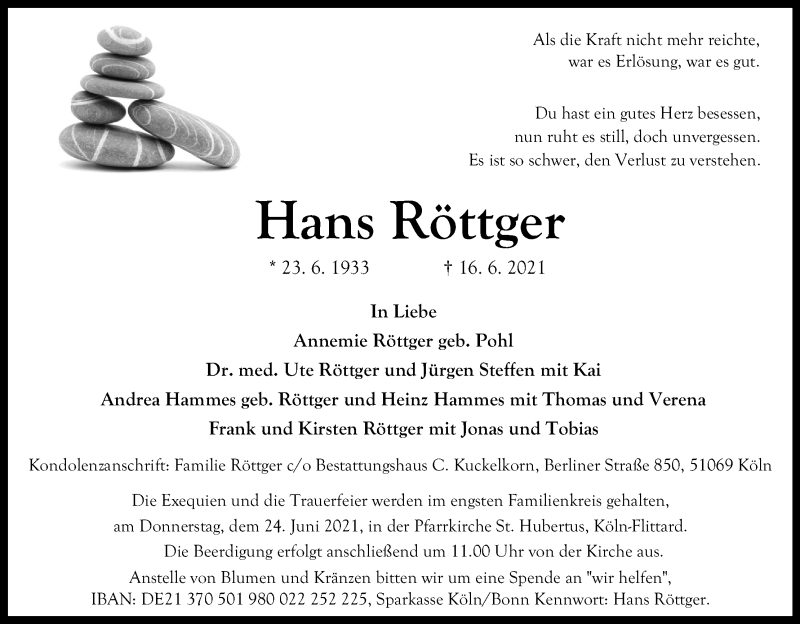  Traueranzeige für Hans Röttger vom 19.06.2021 aus Kölner Stadt-Anzeiger / Kölnische Rundschau / Express