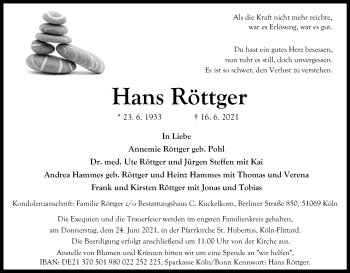 Anzeige von Hans Röttger von Kölner Stadt-Anzeiger / Kölnische Rundschau / Express