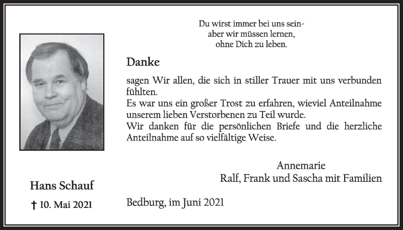  Traueranzeige für Hans Schauf vom 11.06.2021 aus  Werbepost 