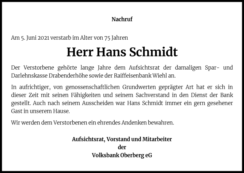  Traueranzeige für Hans Schmidt vom 17.06.2021 aus Kölner Stadt-Anzeiger / Kölnische Rundschau / Express