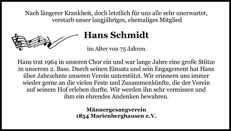  Traueranzeige für Hans Schmidt vom 08.06.2021 aus Kölner Stadt-Anzeiger / Kölnische Rundschau / Express