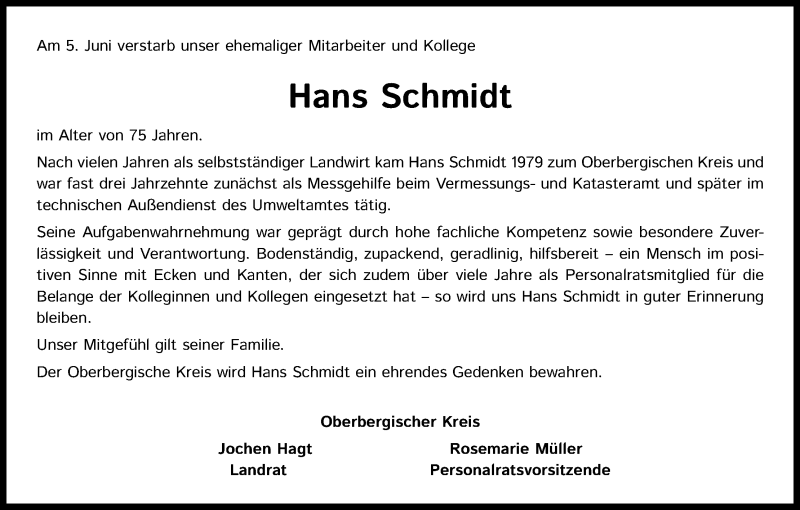  Traueranzeige für Hans Schmidt vom 12.06.2021 aus Kölner Stadt-Anzeiger / Kölnische Rundschau / Express