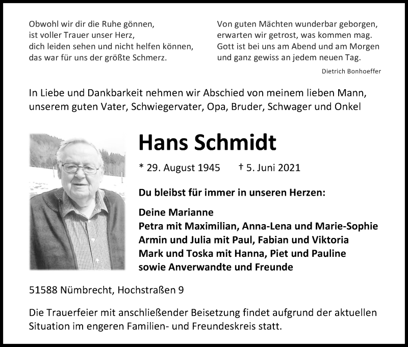  Traueranzeige für Hans Schmidt vom 08.06.2021 aus Kölner Stadt-Anzeiger / Kölnische Rundschau / Express