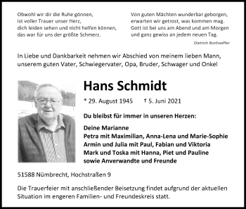 Anzeige von Hans Schmidt von Kölner Stadt-Anzeiger / Kölnische Rundschau / Express