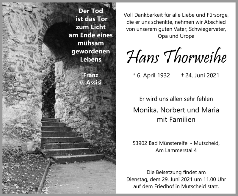  Traueranzeige für Hans Thorweihe vom 26.06.2021 aus  Blickpunkt Euskirchen 