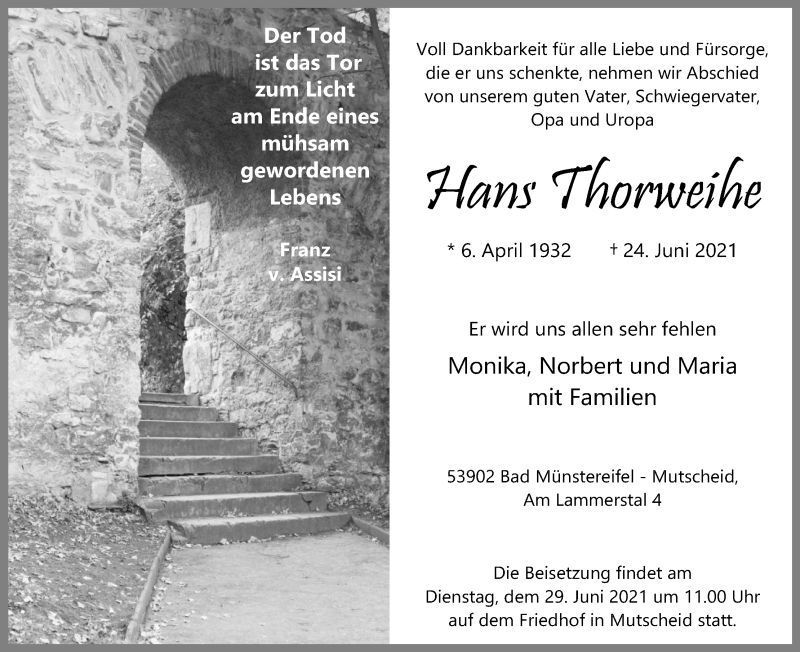  Traueranzeige für Hans Thorweihe vom 26.06.2021 aus Kölner Stadt-Anzeiger / Kölnische Rundschau / Express
