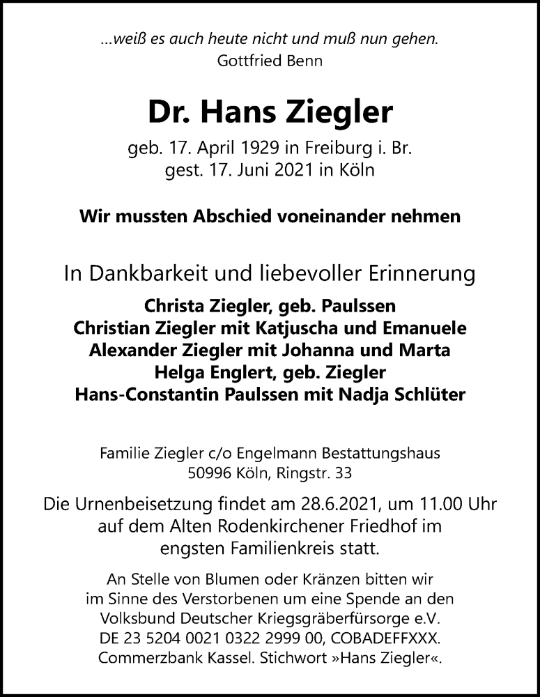  Traueranzeige für Hans Ziegler vom 26.06.2021 aus Kölner Stadt-Anzeiger / Kölnische Rundschau / Express