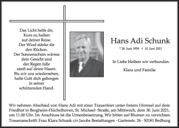 Anzeige von Hans Adi Schunk von  Werbepost 