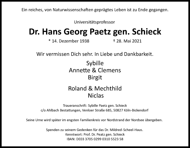  Traueranzeige für Hans Georg Paetz vom 05.06.2021 aus Kölner Stadt-Anzeiger / Kölnische Rundschau / Express