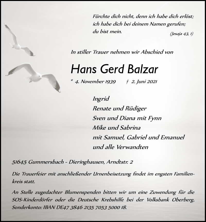  Traueranzeige für Hans Gerd Balzar vom 11.06.2021 aus  Anzeigen Echo 