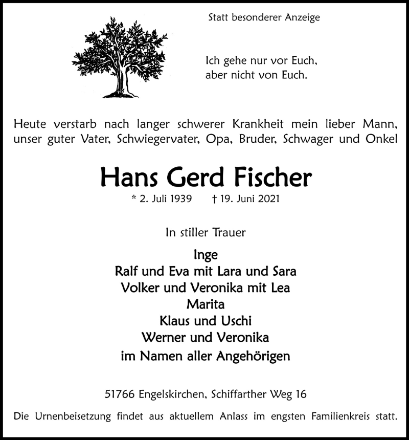  Traueranzeige für Hans Gerd Fischer vom 25.06.2021 aus  Anzeigen Echo 