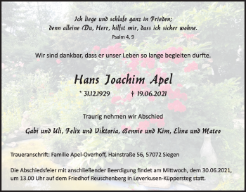 Anzeige von Hans Joachim Apel von Kölner Stadt-Anzeiger / Kölnische Rundschau / Express