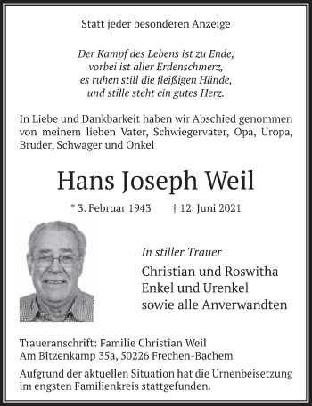 Anzeige von Hans Joseph Weil von  Wochenende 
