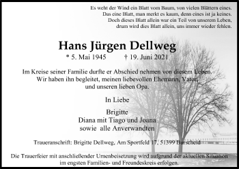 Anzeige von Hans Jürgen Dellweg von Kölner Stadt-Anzeiger / Kölnische Rundschau / Express