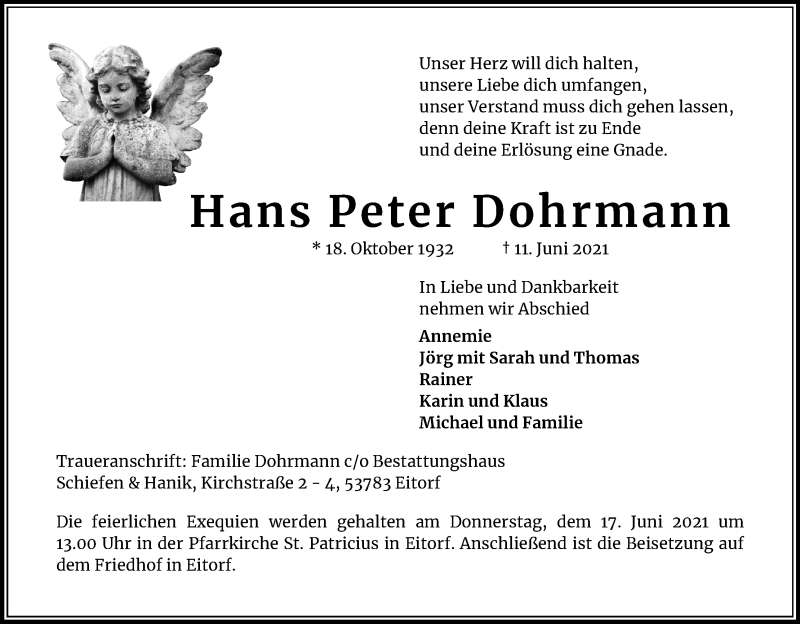  Traueranzeige für Hans Peter Dohrmann vom 15.06.2021 aus Kölner Stadt-Anzeiger / Kölnische Rundschau / Express