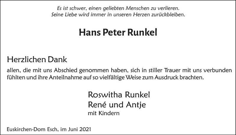  Traueranzeige für Hans Peter Runkel vom 05.06.2021 aus  Blickpunkt Euskirchen 
