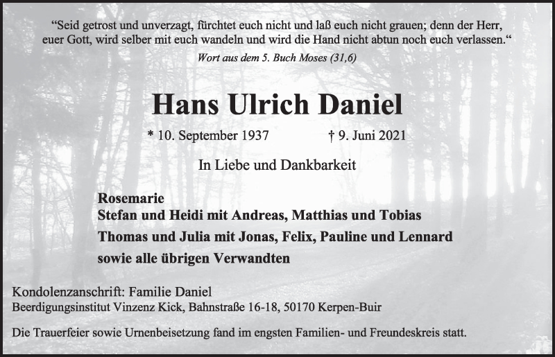  Traueranzeige für Hans Ulrich Daniel vom 25.06.2021 aus  Werbepost 