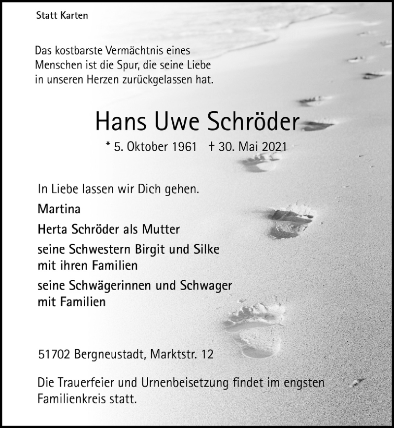  Traueranzeige für Hans Uwe Schröder vom 11.06.2021 aus  Anzeigen Echo 