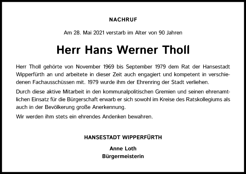  Traueranzeige für Hans Werner Tholl vom 07.06.2021 aus Kölner Stadt-Anzeiger / Kölnische Rundschau / Express