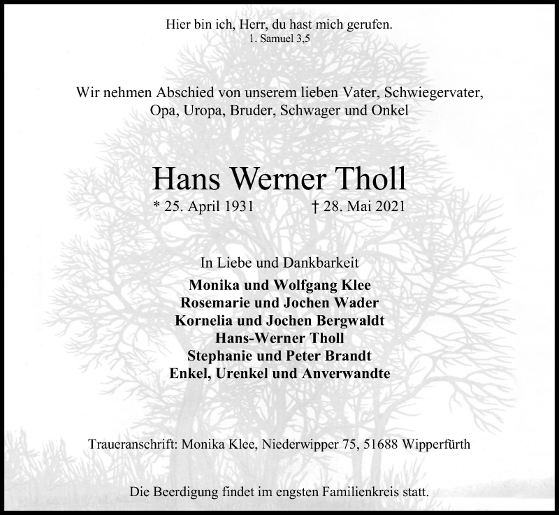  Traueranzeige für Hans Werner Tholl vom 02.06.2021 aus Kölner Stadt-Anzeiger / Kölnische Rundschau / Express