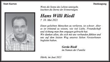 Anzeige von Hans Willi Riedl von  Wochenende 