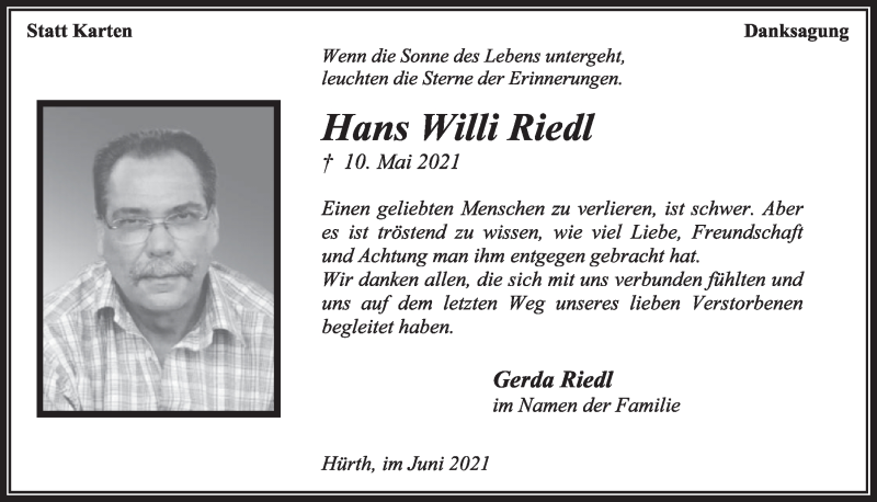  Traueranzeige für Hans Willi Riedl vom 18.06.2021 aus  Wochenende 