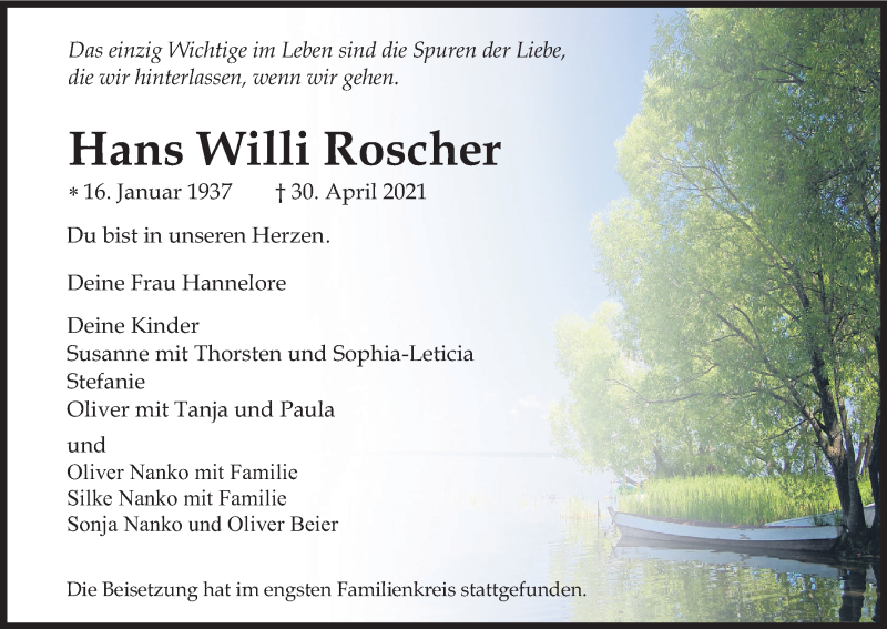  Traueranzeige für Hans Willi Roscher vom 12.06.2021 aus Kölner Stadt-Anzeiger / Kölnische Rundschau / Express